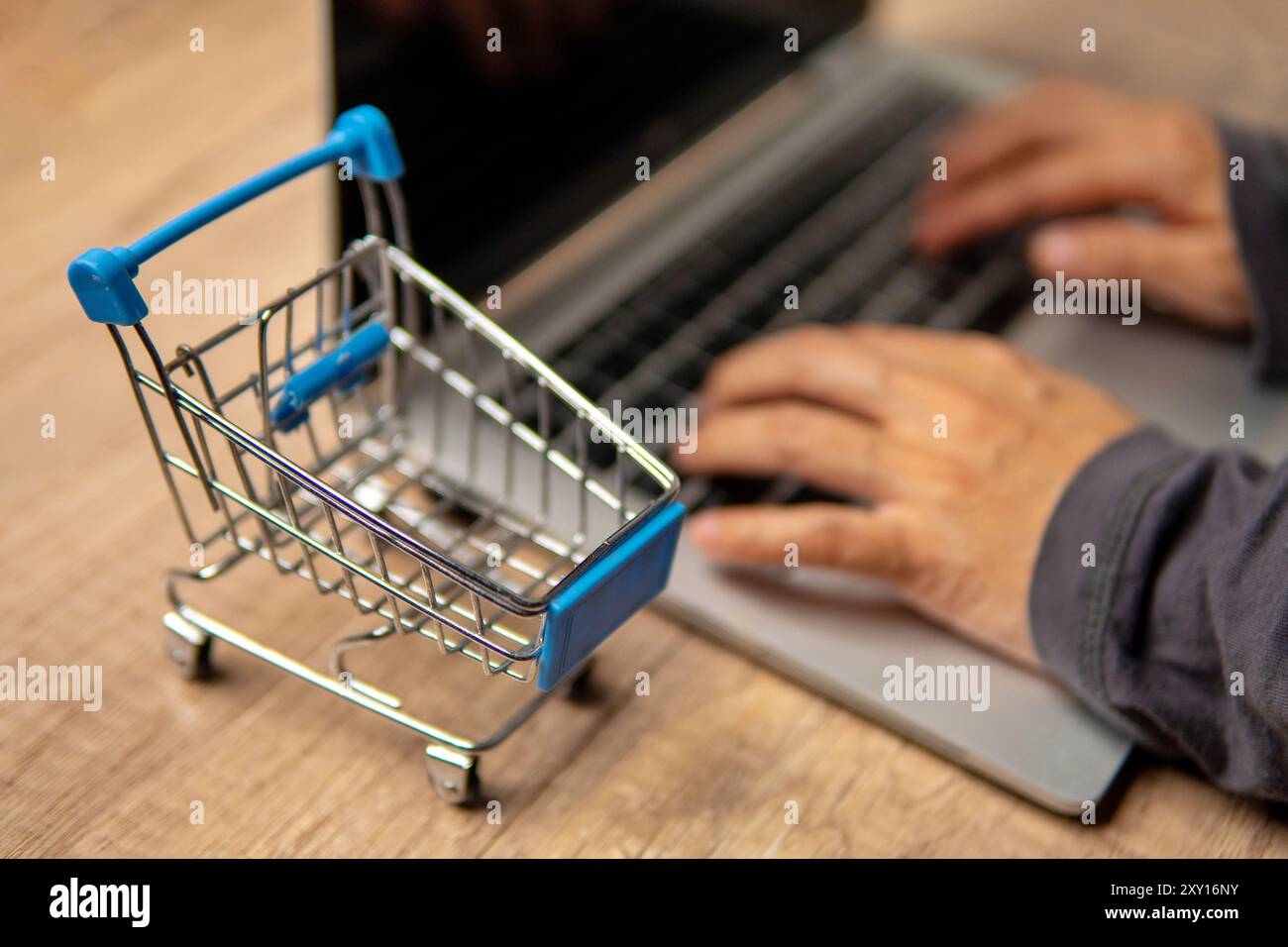 Primo piano del mini carrello della spesa e digitazione manuale sul laptop. Concetto di shopping online. Foto Stock