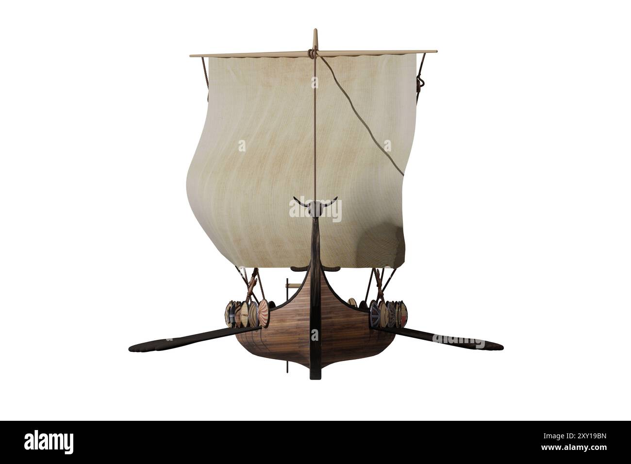 Lo sfondo bianco della nave vichinga Longship 3D esegue il rendering dell'immagine della vista frontale di una nave a vela Foto Stock