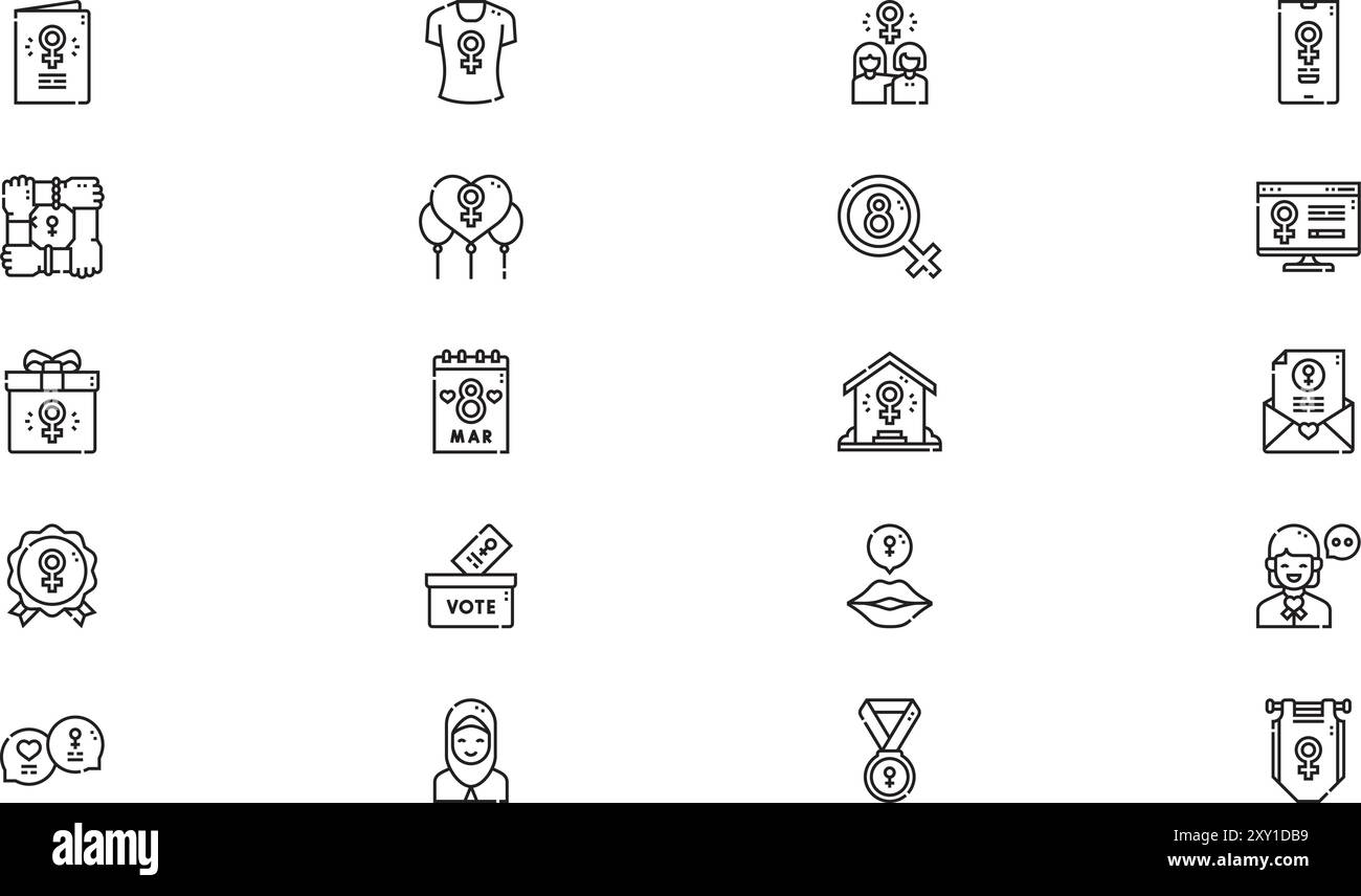 La collezione Womens Day icons è un'illustrazione vettoriale con tratto modificabile. Illustrazione Vettoriale