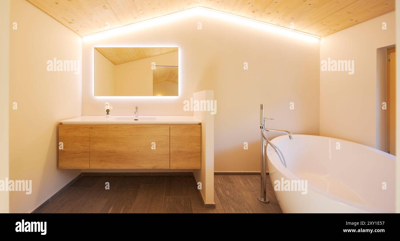 Vista frontale di una moderna vasca da bagno in un bagno con soffitto in legno e armadio con lavandino interno e specchio sopra di esso. Le strisce LED illuminano il Foto Stock