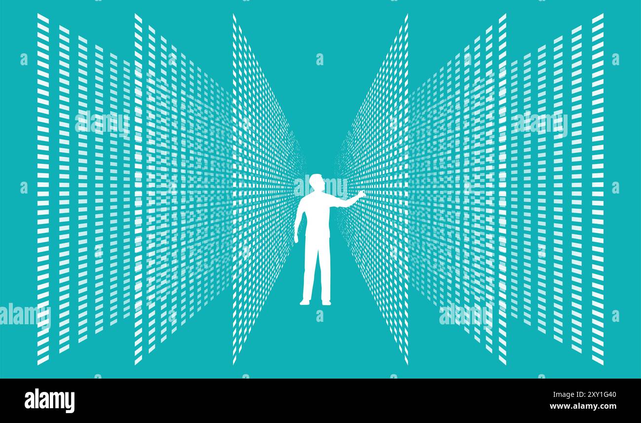 Un essere umano cerca tra righe di stock di dati ordinati. Catalogo delle schede della biblioteca. Caos e ordine. Analisi dei big data. Foto Stock