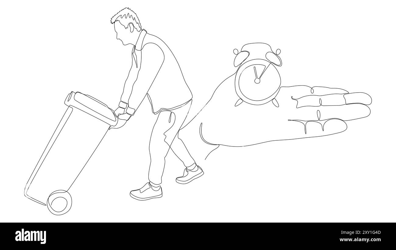 Una linea continua di sveglia e un uomo con il cestino. Concetto del vettore dell'illustrazione a linee sottili. Idee creative per il disegno dei contorni. Illustrazione Vettoriale