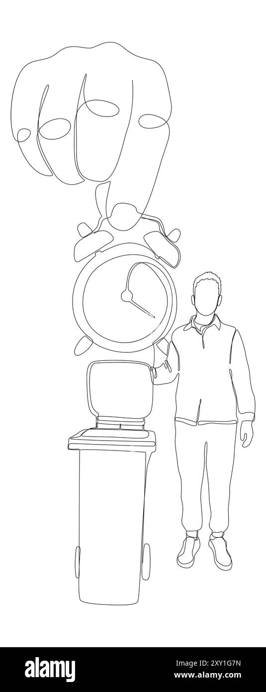 Una linea continua di sveglia e un uomo con il cestino. Concetto del vettore dell'illustrazione a linee sottili. Idee creative per il disegno dei contorni. Illustrazione Vettoriale