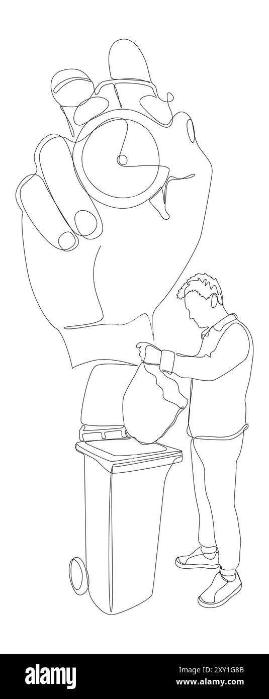 Una linea continua di sveglia e un uomo con il cestino. Concetto del vettore dell'illustrazione a linee sottili. Idee creative per il disegno dei contorni. Illustrazione Vettoriale