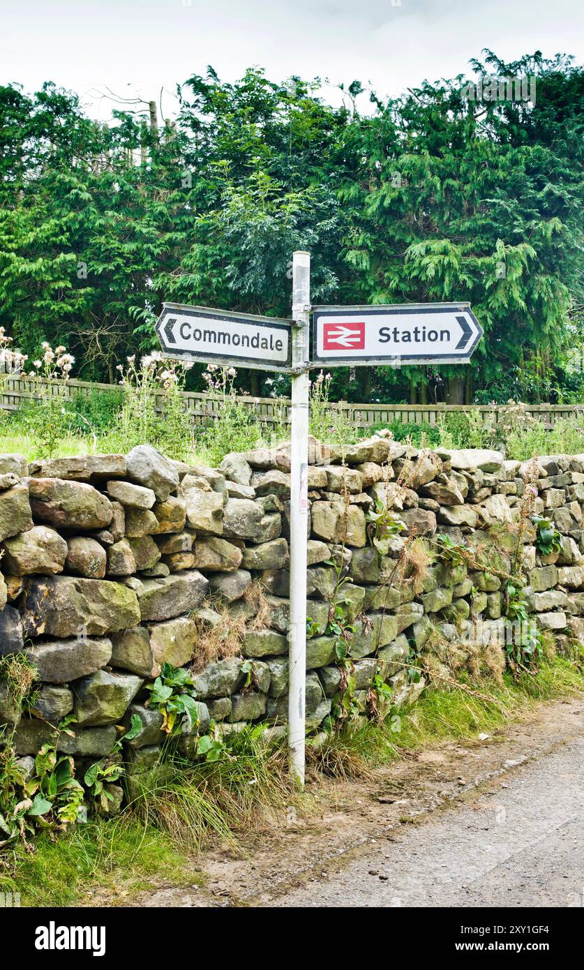 Segui le indicazioni per la stazione ferroviaria sulla linea ferroviaria di Esk Valley, sulla pista rurale vicino al muro di pietra a secco a Commondale, North York Moors, Yorkshire, Inghilterra Regno Unito Foto Stock