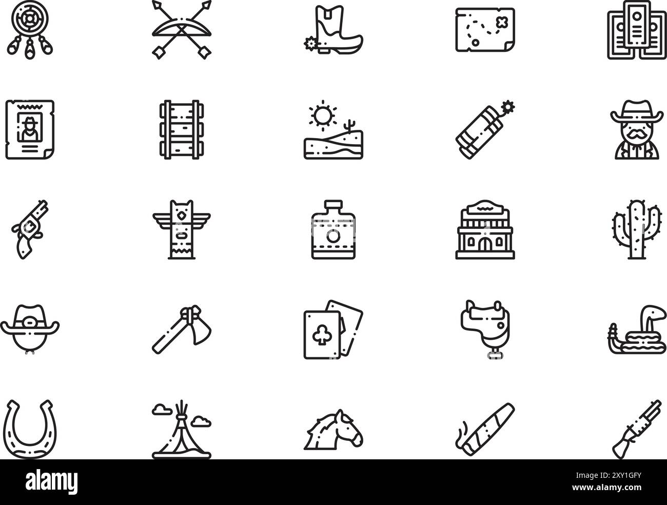La collezione Wild West icons è un'illustrazione vettoriale con traccia modificabile. Illustrazione Vettoriale