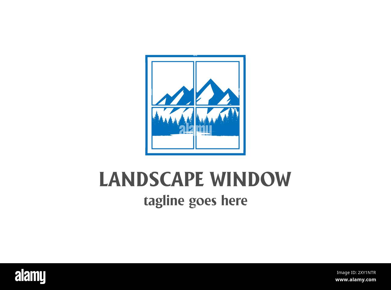 Window Mountain Pine Evergreen Spruce Cedar Conifer Larch Fir Trees Forest con River Creek Lake Logo Design Vector Illustrazione Vettoriale