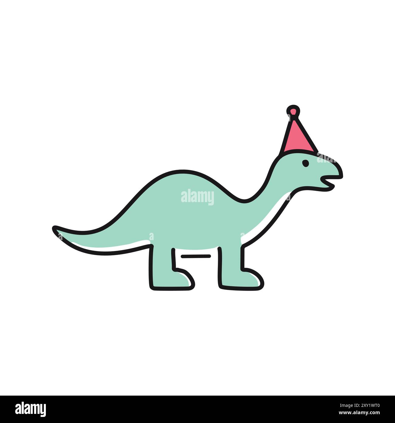 Dinosauro felice che indossa un cappello da festa. Un simpatico dinosauro verde che indossa un cappello rosa festoso da festa, che significa gioia, celebrazione e l'importanza di Embraci Illustrazione Vettoriale