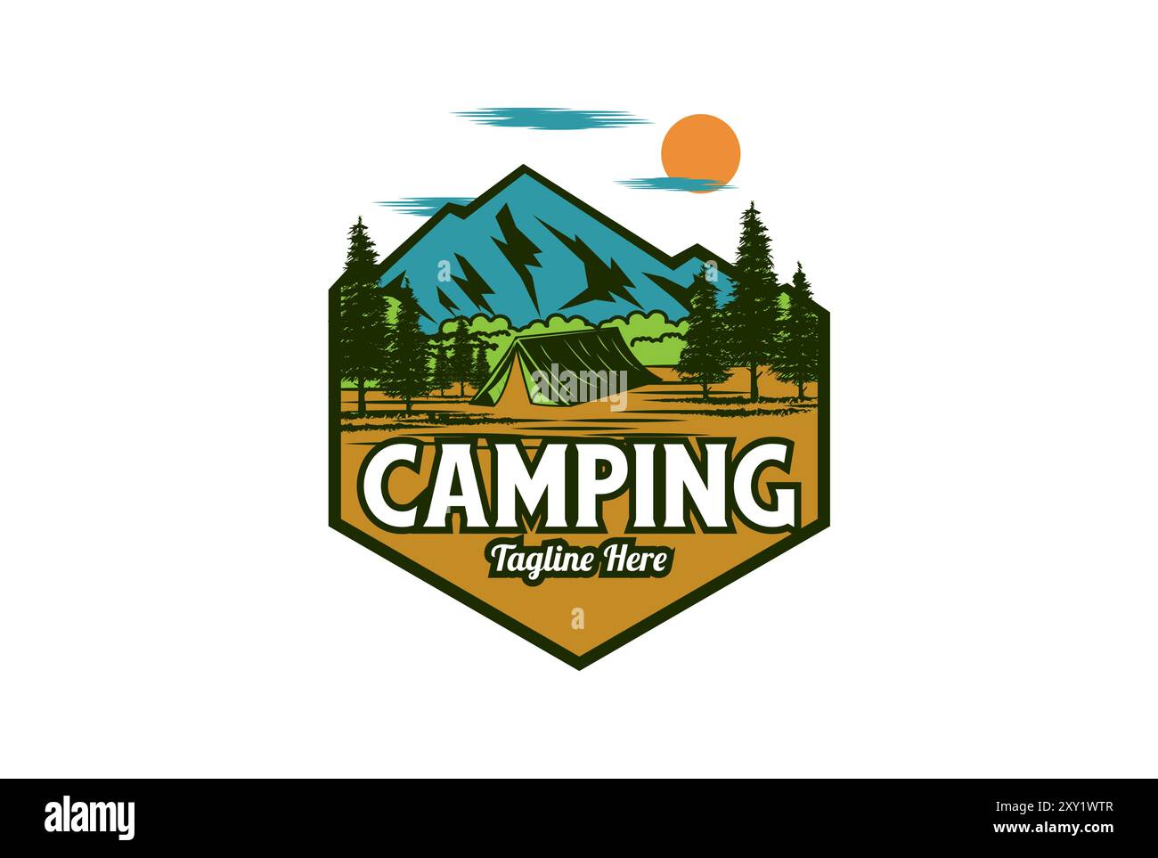 Mountain Pine Trees Forest Outdoor Summer Camp emblema per camicie francobolli adesivi logo ed etichette Design Vector Illustrazione Vettoriale