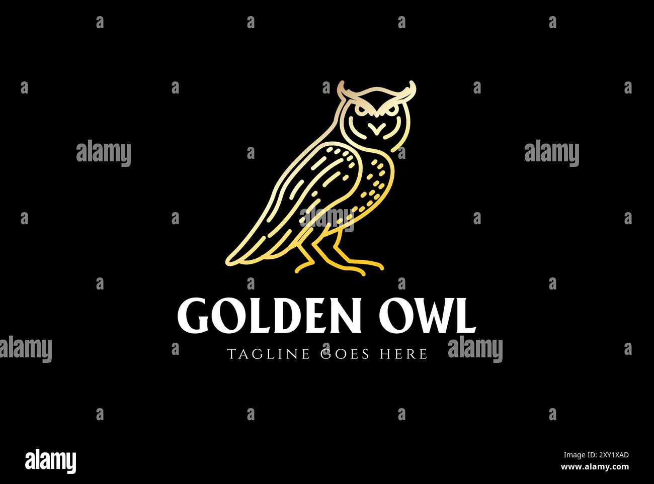 Design vettoriale con logo e linea di uccellini Golden Owl di lusso Illustrazione Vettoriale