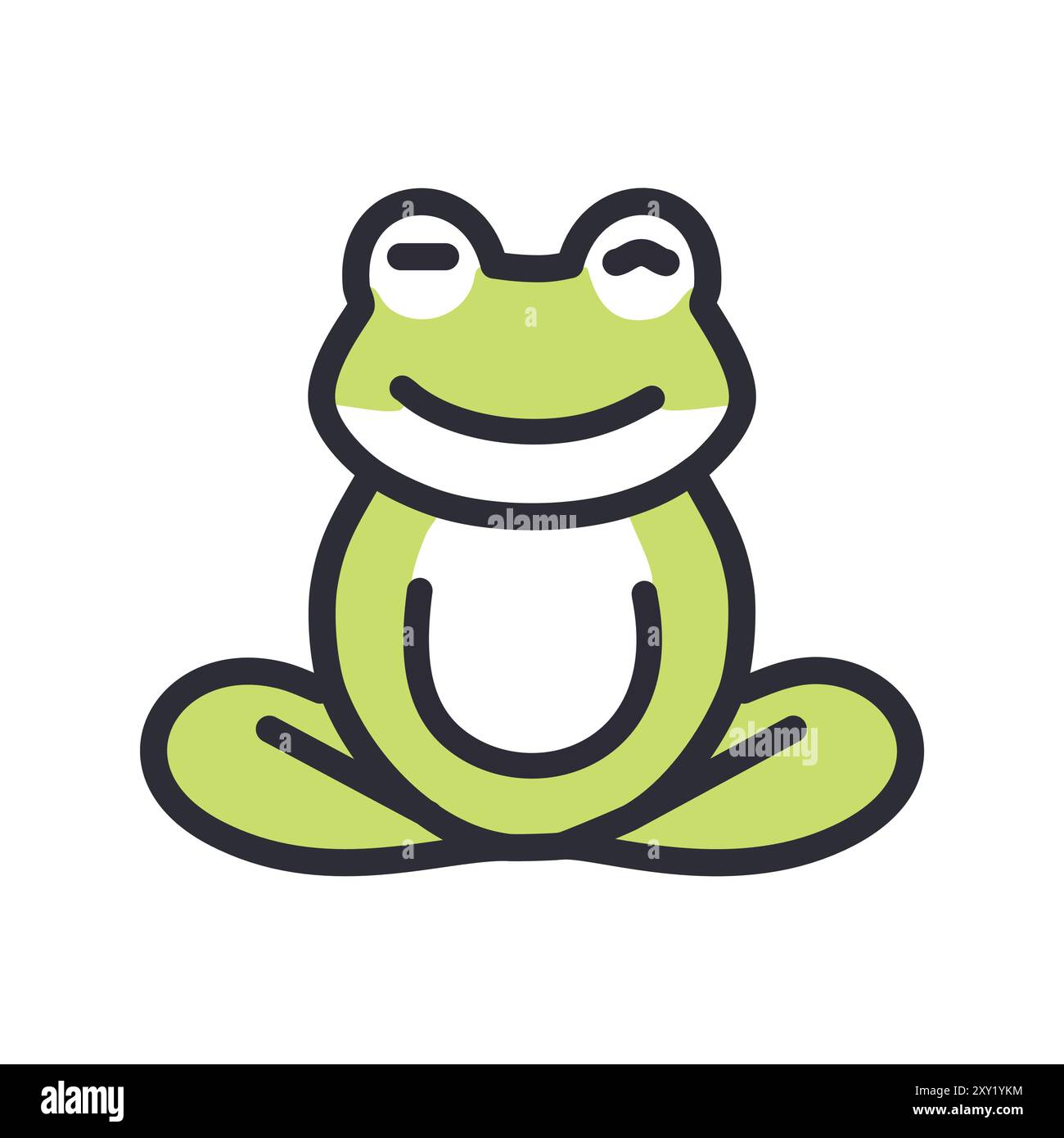 Rana felice seduta in posa di meditazione. Una simpatica rana dei cartoni animati si trova in una posa meditativa con un sorriso tranquillo, suggerendo relax, tranquillità e mi Illustrazione Vettoriale