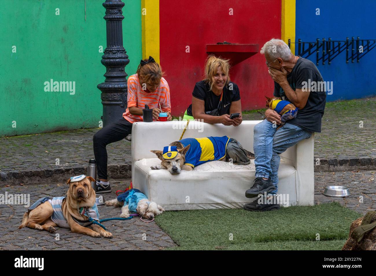 I tifosi di calcio argentini si siedono con i loro cani vestiti con le uniformi delle maglie da calcio su un divano a Caminito, la Boca, Buenos Aires, Argentina. Foto Stock