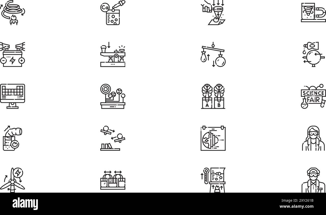 La collezione di icone della fiera scientifica è un'illustrazione vettoriale con traccia modificabile. Illustrazione Vettoriale