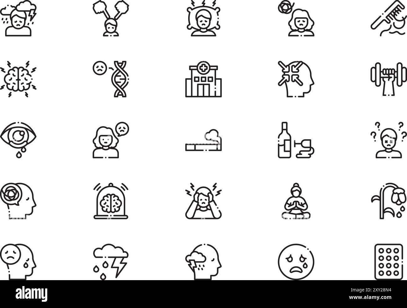 La raccolta delle icone di ansia e depressione è un'illustrazione vettoriale con ictus modificabile. Illustrazione Vettoriale