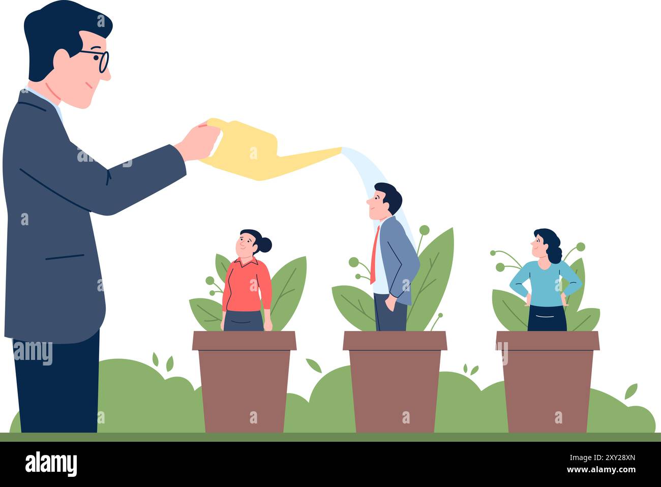 Concetto di mentoring. Capo maschile che cresce lavoratori, professionisti. Uomo d'affari che innaffia i dipendenti in vasi di piante. Recente metafora vettoriale della leadership Illustrazione Vettoriale