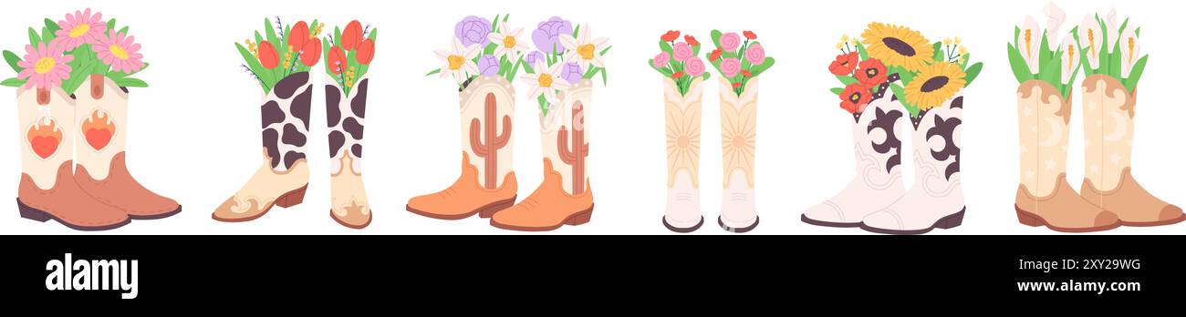 Bouquet decorativi di stivali da cowboy. Fiori nelle scarpe, elementi decorativi da giardino. Stile WESTERN, accessori alla moda per la casa, set vettoriale Illustrazione Vettoriale