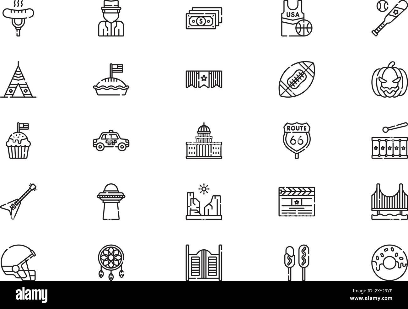 La raccolta di icone degli stati Uniti d'america è un'illustrazione vettoriale con tratto modificabile. Illustrazione Vettoriale