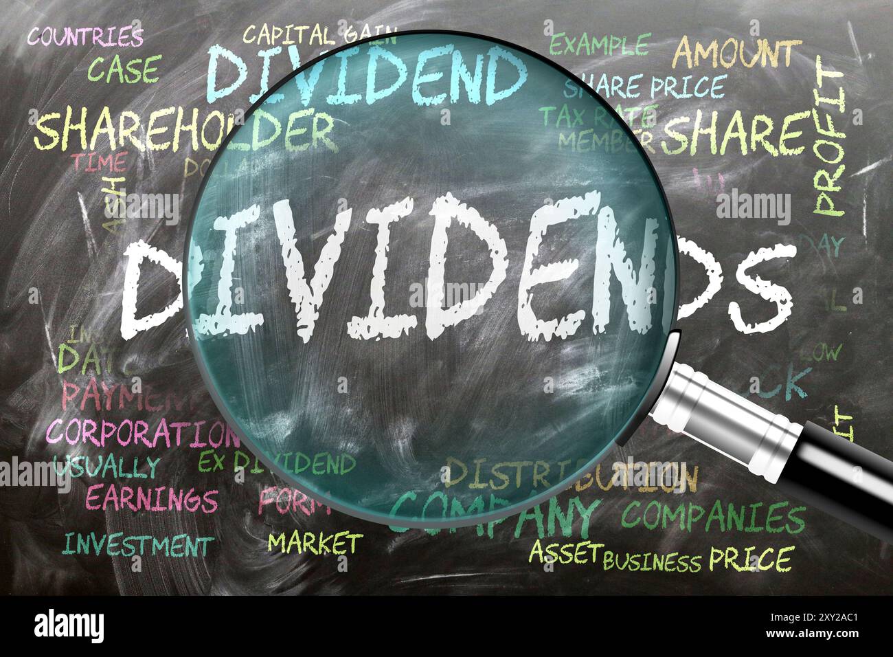 I dividendi sono studiati, esaminati - sotto stretta ispezione. Argomenti e idee più importanti strettamente correlati ai dividendi scritti su una lavagna INS Foto Stock