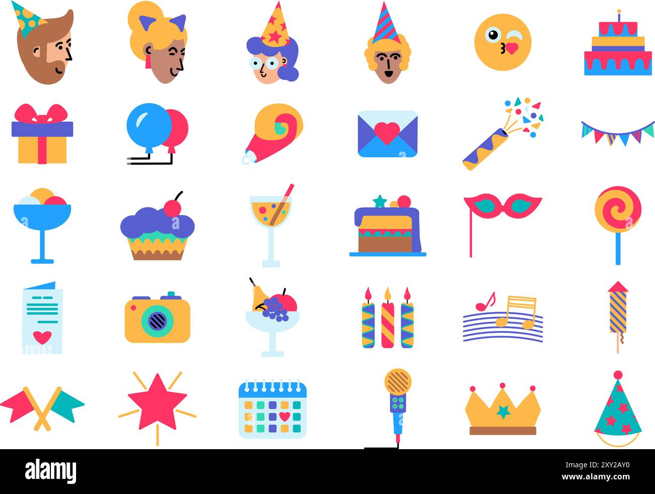 Set di icone colorate per feste di compleanno. Appartamento di cibo per le vacanze, decorazioni, sorprese e ospiti invitati. Kit di icone a tinta unita isolato su backgroun bianco Illustrazione Vettoriale
