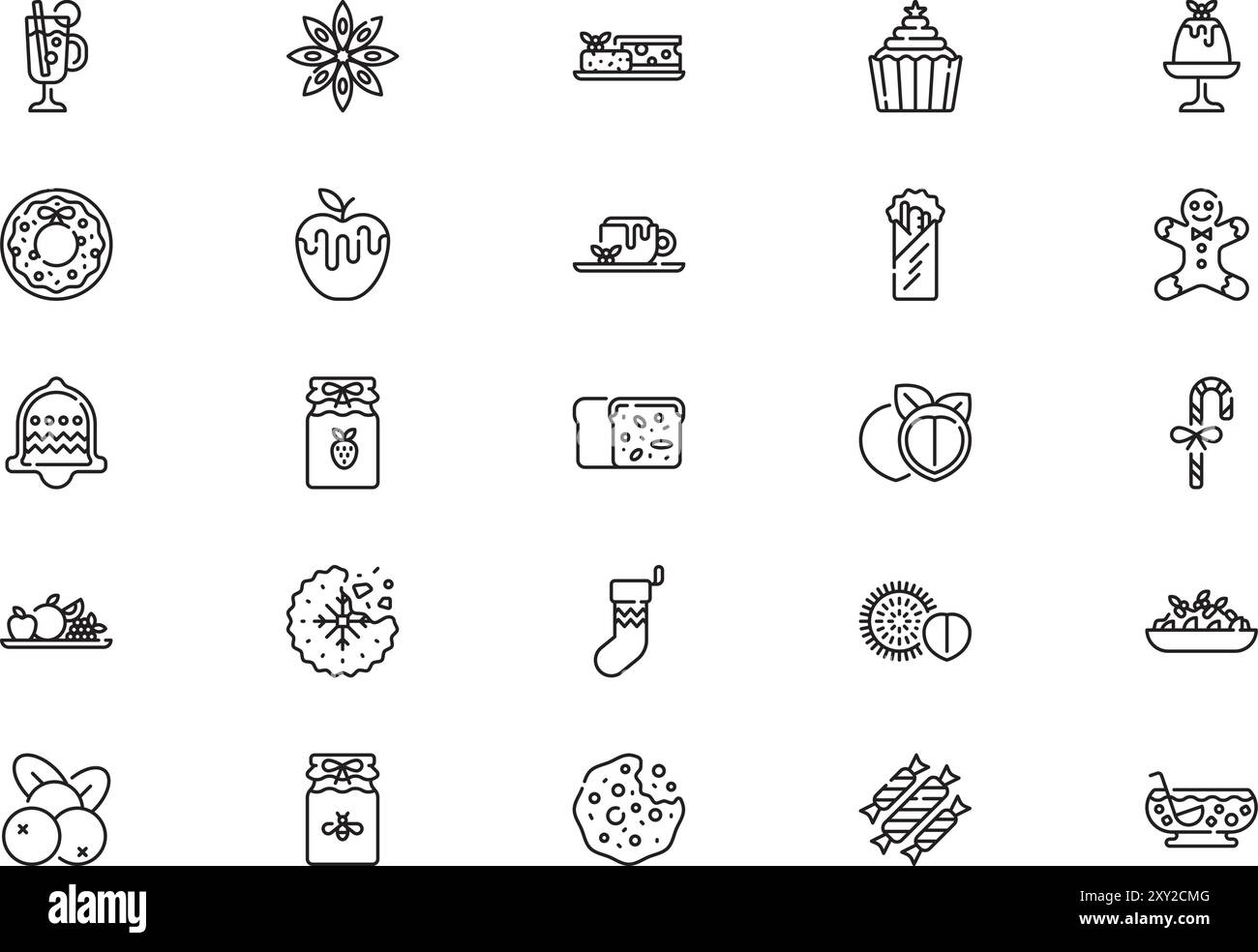 La collezione di icone di cibo e bevande natalizie è un'illustrazione vettoriale con un tratto modificabile. Illustrazione Vettoriale