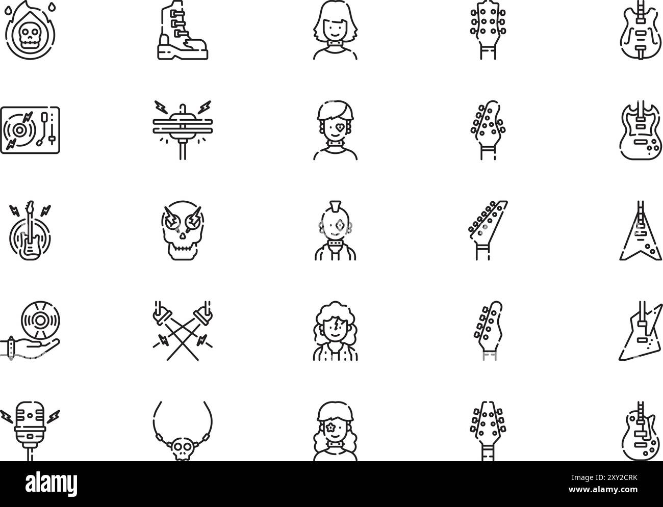 La raccolta di icone Rock and Roll è un'illustrazione vettoriale con traccia modificabile. Illustrazione Vettoriale