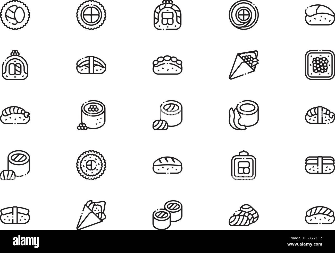 La raccolta Types of sushi icons è un'illustrazione vettoriale con traccia modificabile. Illustrazione Vettoriale