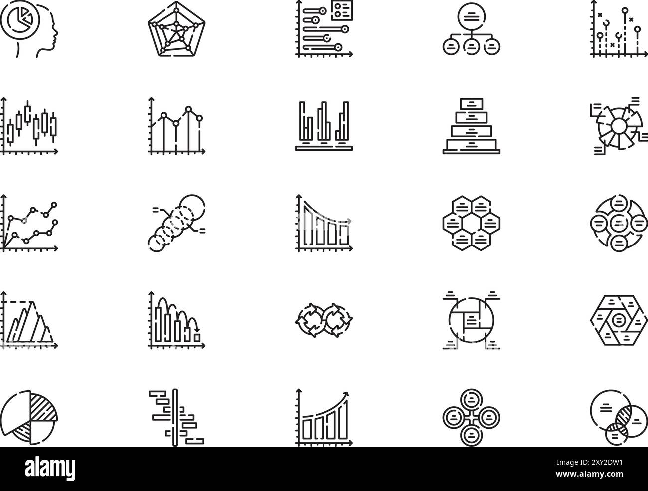 La raccolta di icone di grafici e diagrammi è un'illustrazione vettoriale con traccia modificabile. Illustrazione Vettoriale