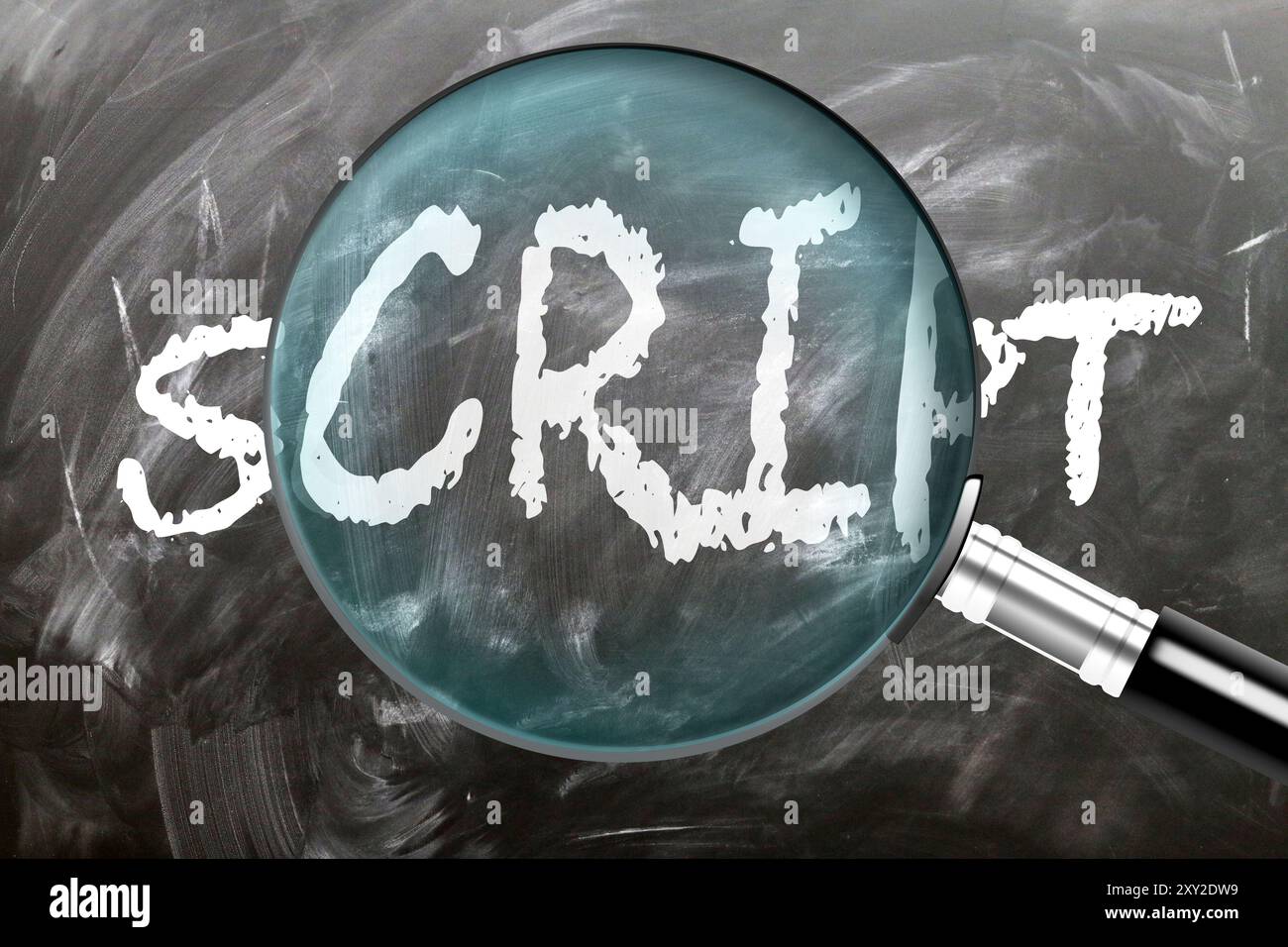 Script - apprendimento, studio e ispezione. Uno sguardo più da vicino allo script. Una lente d'ingrandimento che ingrandisce la parola "script" scritta su una lavagna Foto Stock