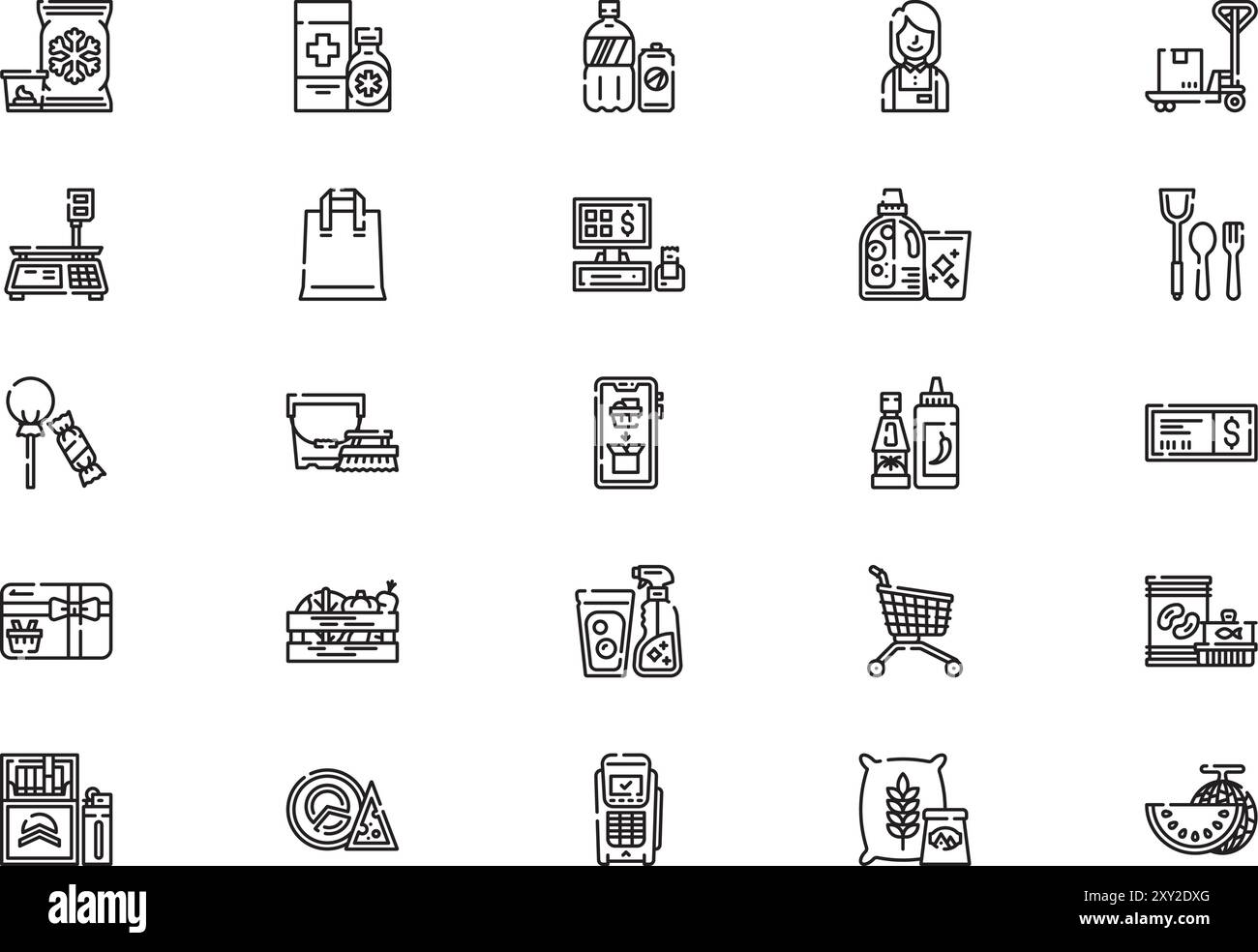 La collezione di icone del supermercato è un'illustrazione vettoriale con traccia modificabile. Illustrazione Vettoriale