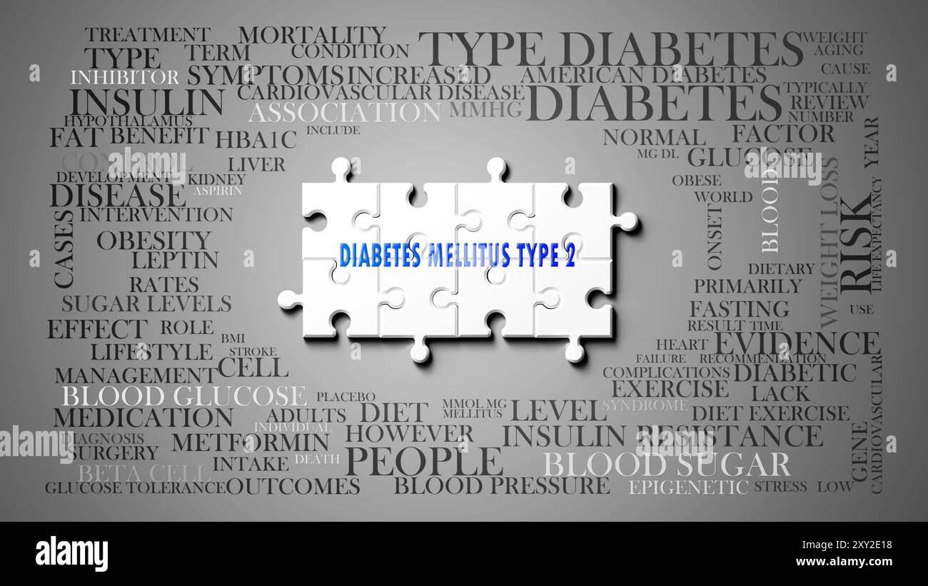 Diabete mellito tipo 2 come argomento complesso, legato a importanti argomenti che si diffondono come nuvola di parole. Foto Stock Diabete mellito tipo 2 come argomento complesso, legato a importanti argomenti che si diffondono come nuvola di parole. Foto Stock