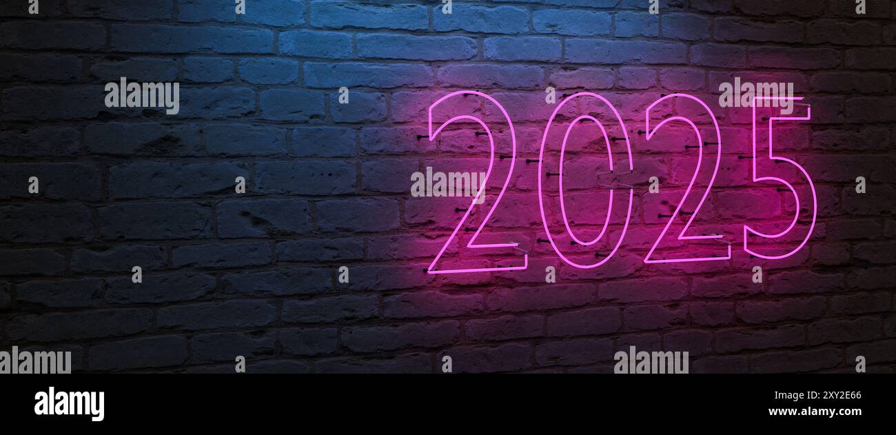 "2024" come provette al neon rosa su una parete di mattoni con luce blu dall'alto. Felice anno nuovo Foto Stock
