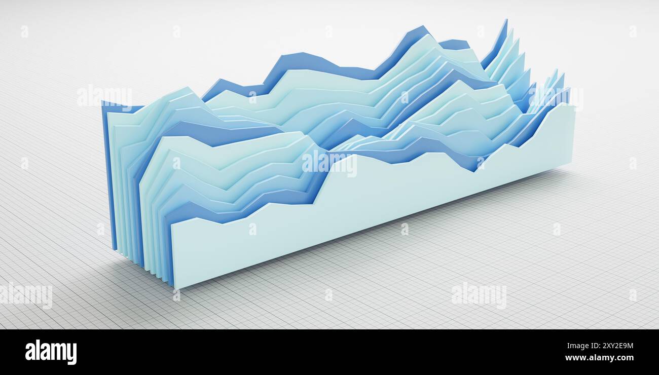 Dati finanziari o sintesi del mercato azionario. Diversi livelli di grafici (diagrammi di area) in diverse tonalità di blu su uno sfondo di carta in scala. Foto Stock