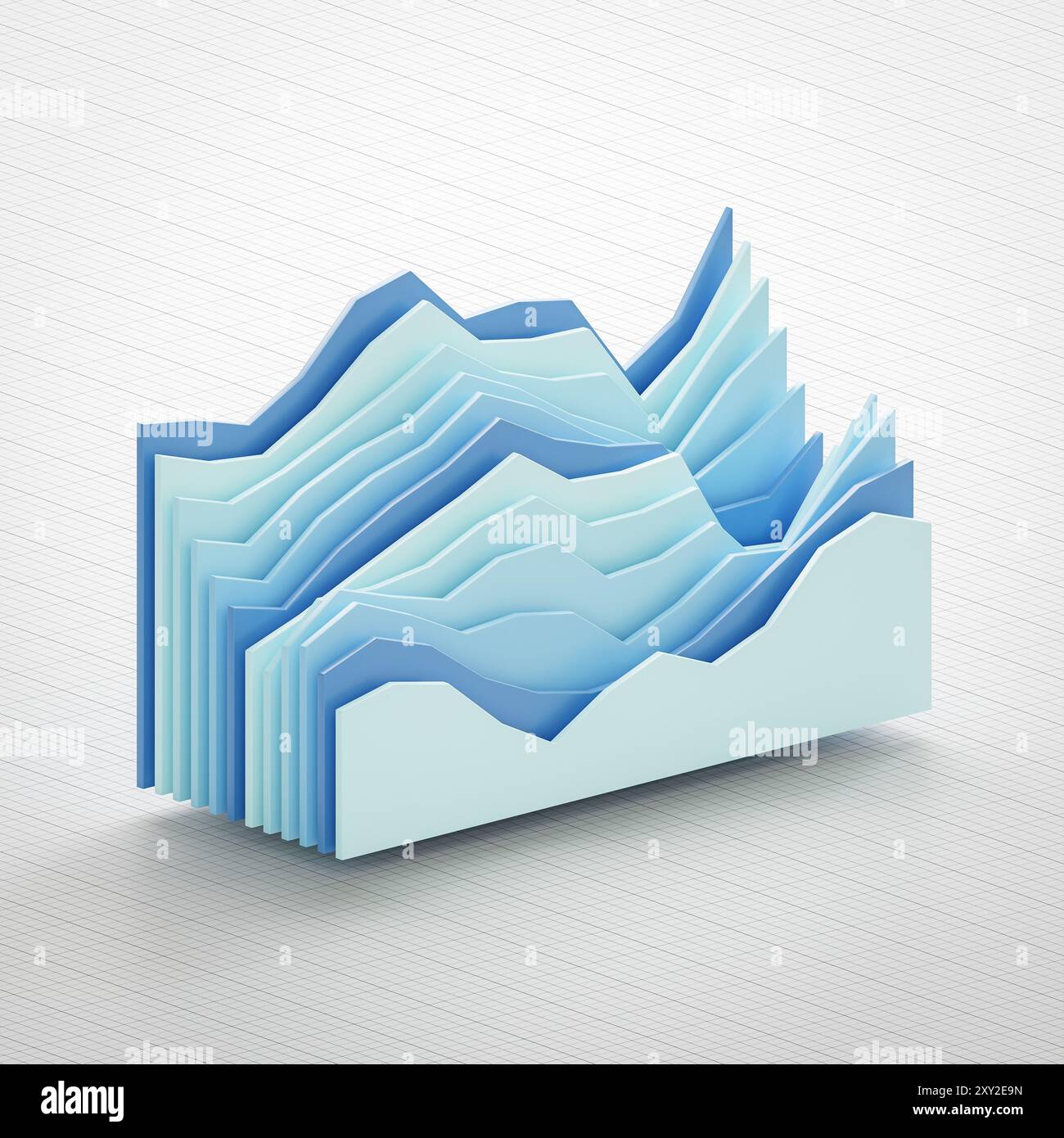 Dati finanziari o sintesi del mercato azionario. Diversi livelli di grafici (diagrammi di area) in diverse tonalità di blu su uno sfondo di carta in scala. Foto Stock