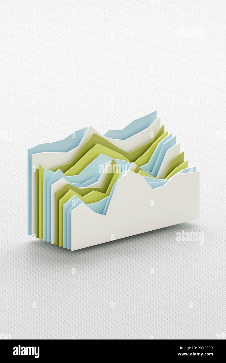 Dati finanziari o sintesi del mercato azionario. Diversi livelli di grafici (diagrammi di area) in colori diversi su uno sfondo su carta in scala. Foto Stock