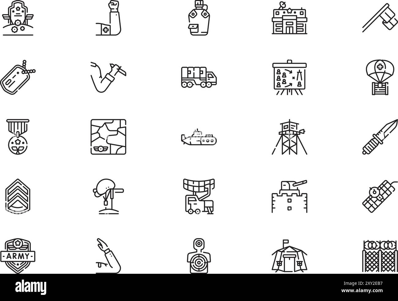 La raccolta Military icons è un'illustrazione vettoriale con tratto modificabile. Illustrazione Vettoriale