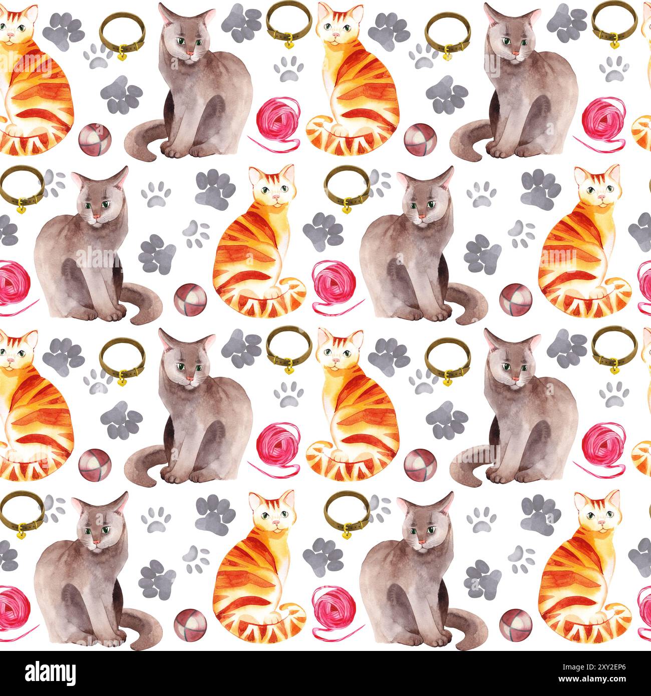 Motivo senza cuciture acquerello. Gatti domestici, gatto soffice grigio, gatto tabby rosso, palla di filo, binari per animali domestici, collare. Tutti gli oggetti sono disegnati a mano con Foto Stock