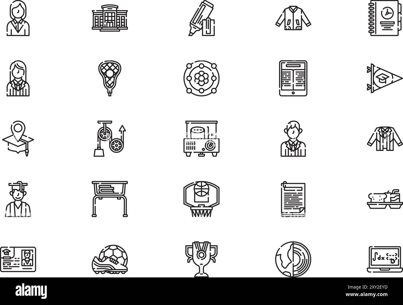 La raccolta di pacchetti icone delle scuole superiori è un'illustrazione vettoriale con tratto modificabile. Illustrazione Vettoriale