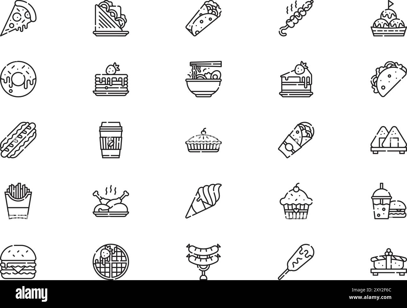 La raccolta di icone fast food è un'illustrazione vettoriale con traccia modificabile. Illustrazione Vettoriale