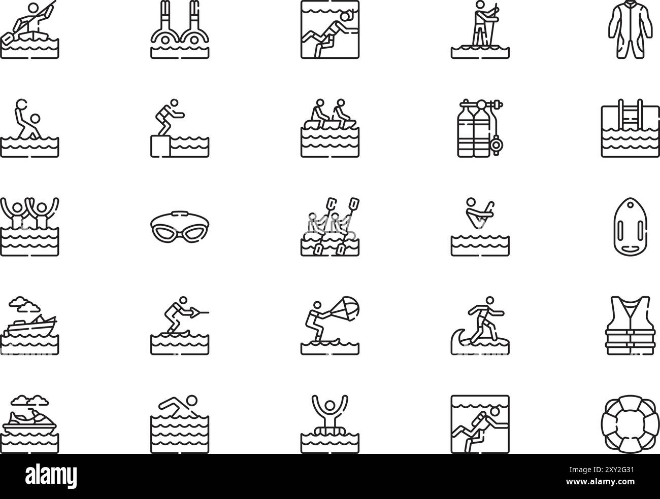La raccolta delle icone degli sport acquatici è un'illustrazione vettoriale con traccia modificabile. Illustrazione Vettoriale