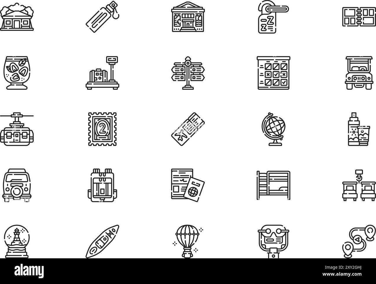 La raccolta di icone turistiche è un'illustrazione vettoriale con traccia modificabile. Illustrazione Vettoriale