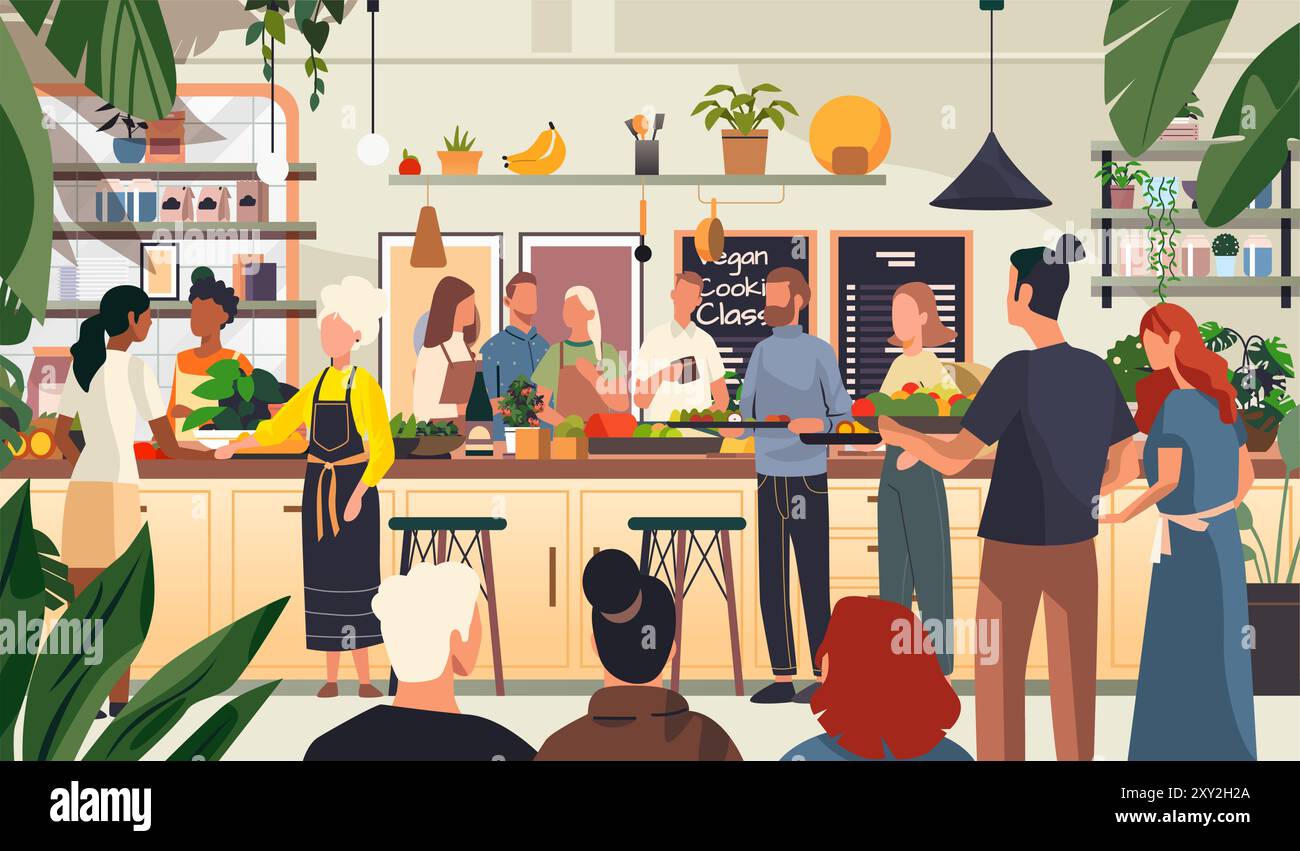 Lezione di cucina vegana gruppo cucina. Diversi partecipanti preparano pasti a base vegetale in una cucina moderna con arredi vivaci e vegetazione Illustrazione Vettoriale