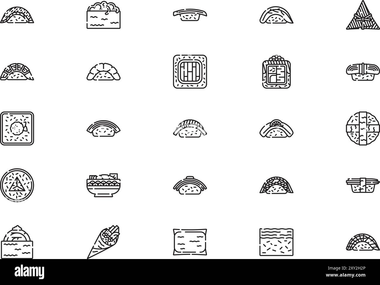 La raccolta Types of sushi icons è un'illustrazione vettoriale con traccia modificabile. Illustrazione Vettoriale