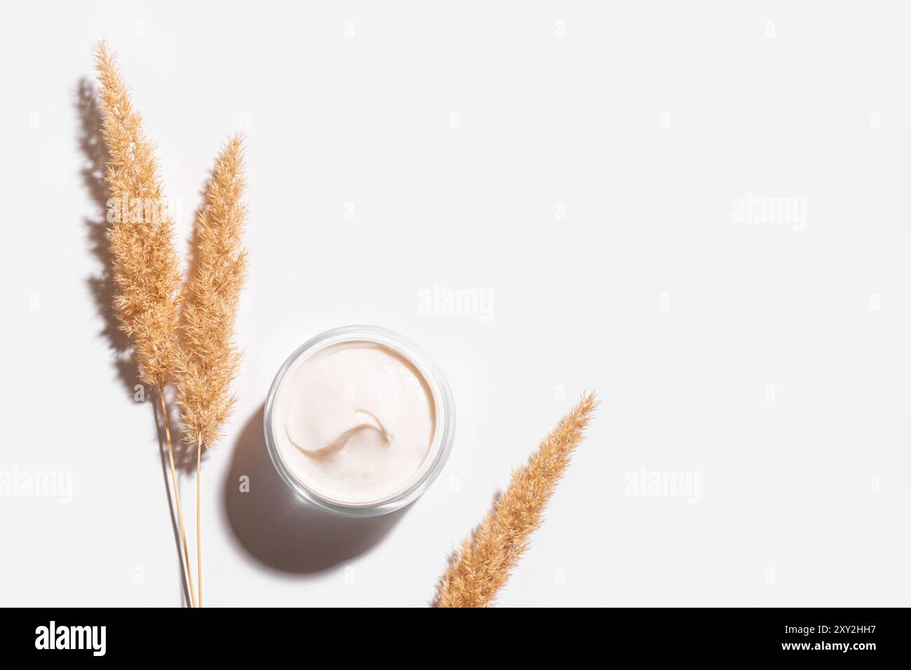 Vaso aperto con crema viso ricca e nutriente, burro per il corpo, crema idratante isolata su sfondo bianco con piante di erba secca naturale, spazio copia. Naturale org Foto Stock