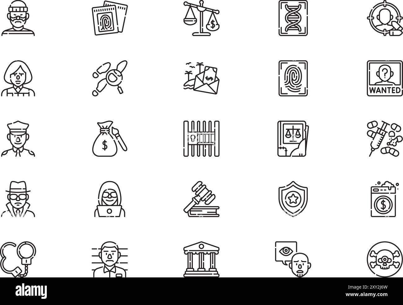 La raccolta Crime icons è un'illustrazione vettoriale con tratto modificabile. Illustrazione Vettoriale