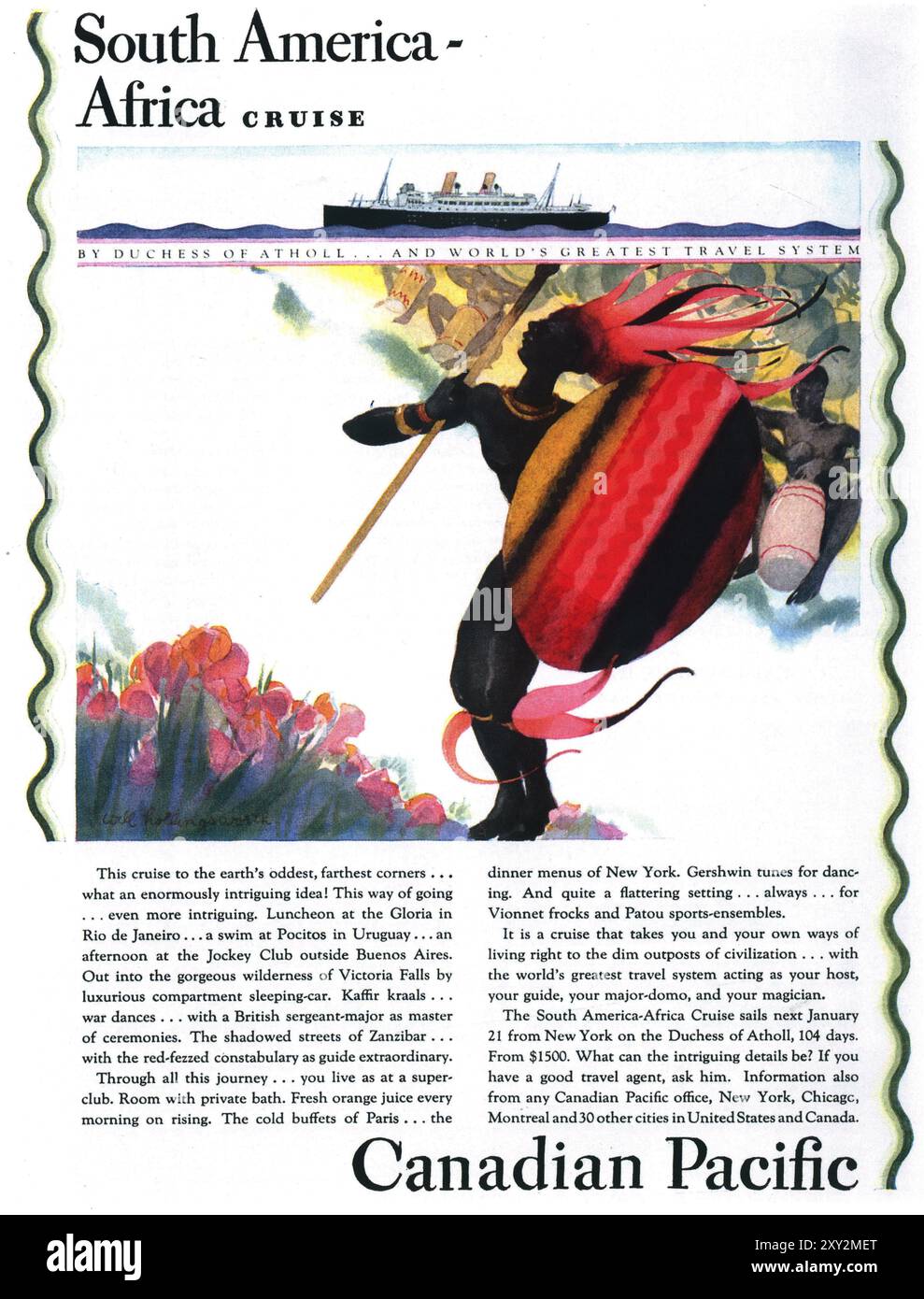 1929 Canadian Pacific Cruise Line ad - SS Duchessa di Atholl - Sud America - crociera in Africa Foto Stock