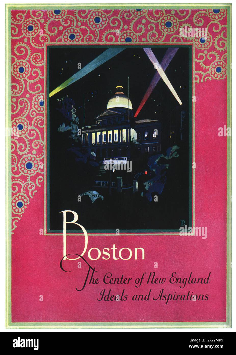 1927 Boston City in Massachusetts poster "The Center of New England Ideas and Aaspirations" - Massachusetts State House Night Lights Foto Stock