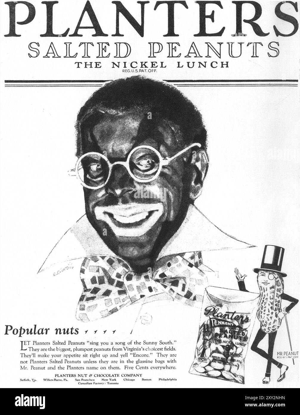 1928 Planters Salted Peanuts ad - Mr. Peanut - "il pranzo al nichel" - "...cantate una canzone del Sunny South" Foto Stock