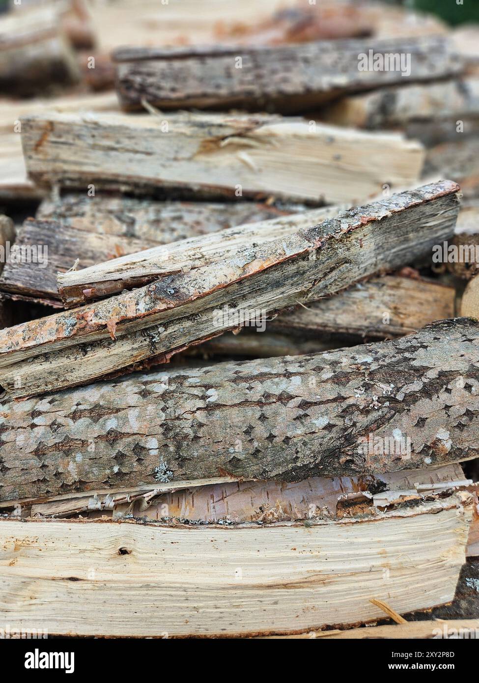 Primo piano di legna da ardere impilata con struttura a corteccia naturale per il concetto di riscaldamento invernale Foto Stock