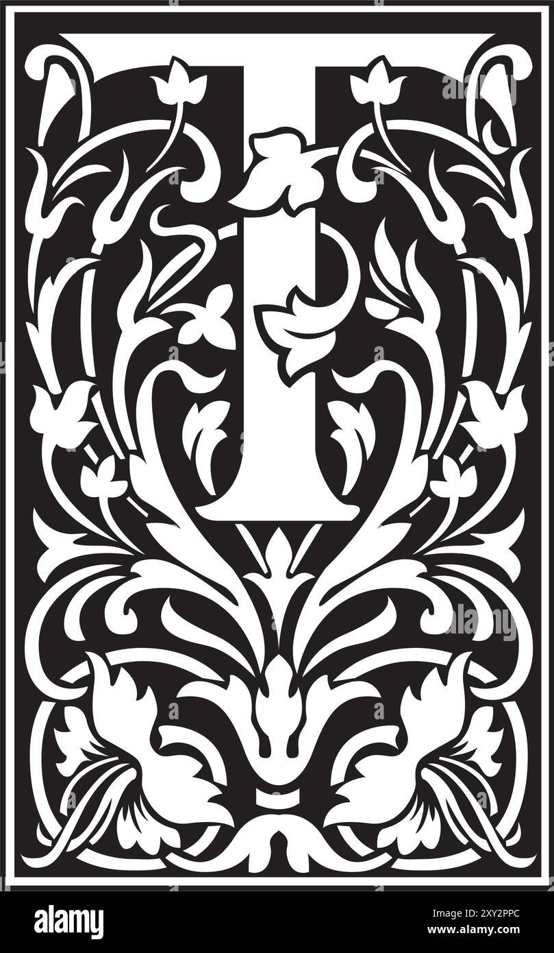 Illustrazione del disegno vettoriale victoriana Initial Caps font lettera maiuscola T. Illustrazione Vettoriale