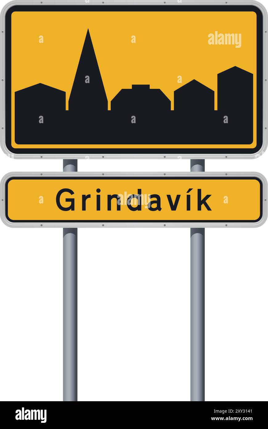 Illustrazione vettoriale della città di Grindavik (Islanda) segnale stradale giallo di ingresso su pali metallici Illustrazione Vettoriale